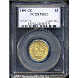 1890-CC $5 MS62 PCGS. Variety 1-A. Yellow-gold