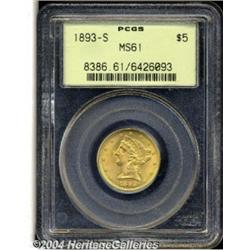 1893-S $5 MS61 PCGS. Yellow-gold patina with