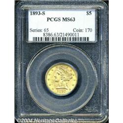 1893-S $5 MS63 PCGS. Attractive copper-gold