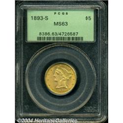 1893-S $5 MS63 PCGS. A lustrous and crisply