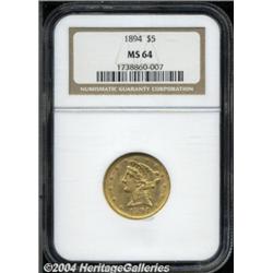 1894 $5 MS64 NGC. Sharply struck with lovely