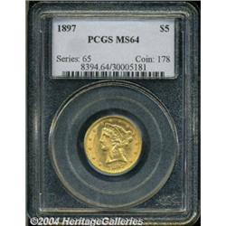 1897 $5 MS64 PCGS. Light copper-gold color