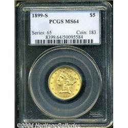 1899-S $5 MS64 PCGS. This near-Gem has sharp