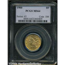 1900 $5 MS64 PCGS. Thick, satiny brilliance is