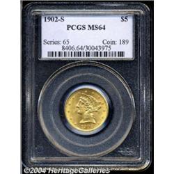 1902-S $5 MS64 PCGS. A lustrous near-Gem that