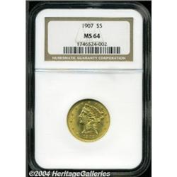 1907 $5 MS64 NGC. An especially bold, radiant