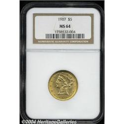 1907 $5 MS64 NGC. Copper-gold color over