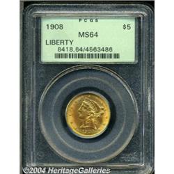 1908 $5 MS64 PCGS. Apricot toning, with some