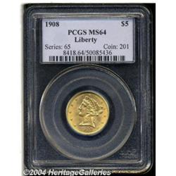 1908 $5 MS64 PCGS. A pleasing final year