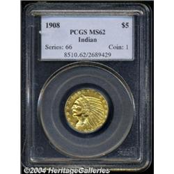 1908 $5 MS62 PCGS. Boldly struck with bright,