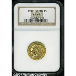 1908 $5 MS63 NGC. Well struck with copper-gold