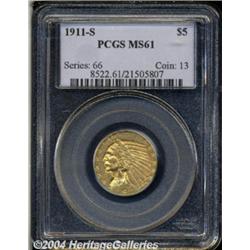 1911-S $5 MS61 PCGS. Medium gold, with some