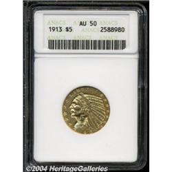 1913 $5 AU50 ANACS. Bright golden color