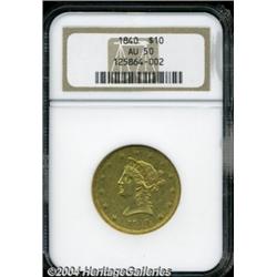 1840 $10 AU50 NGC. A more difficult early No