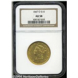 1847-O $10 AU58 NGC. The base of the 18 in the