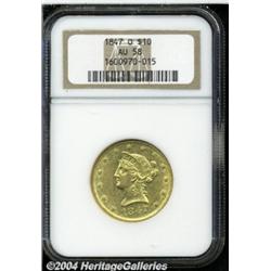1847-O $10 AU58 NGC. A bright piece that has