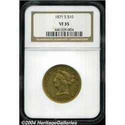 1871-S $10 VF35 NGC. A moderately worn but