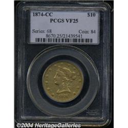 1874-CC $10 VF25 PCGS. Variety 1-A. The
