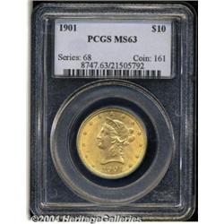 1901 $10 MS63 PCGS. Natural yellow-gold color,