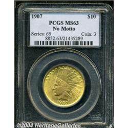 1907 $10 No Motto MS63 PCGS. Satiny and boldly