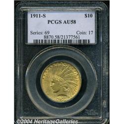 1911-S $10 AU58 PCGS. A clean, satin-like
