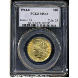 1914-D $10 MS62 PCGS. Bright golden luster,