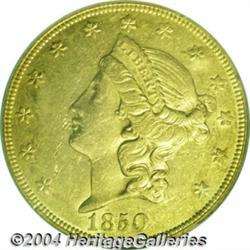 1850 $20 AU53 PCGS. This peach-gold example
