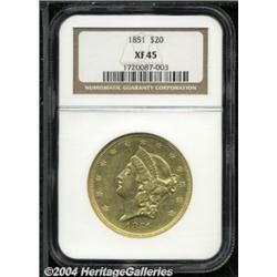 1851 $20 XF45 NGC. A bright yellow-gold