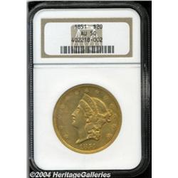 1851 $20 AU50 NGC. Deep orange-gold patina
