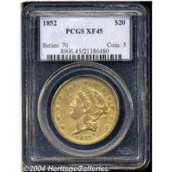 1852 $20 XF45 PCGS. Satiny luster emerges from