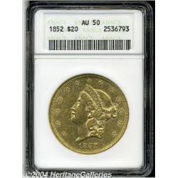 1852 $20 AU50 ANACS. Bright surfaces with some