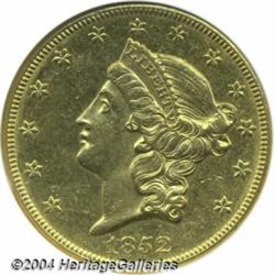1852-O $20 AU58 NGC. Exceptional condition for