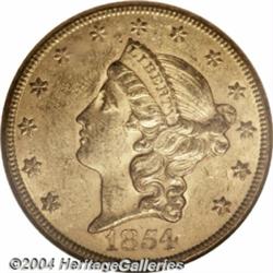 1854 $20 Large Date AU58 NGC. Breen-7168. The
