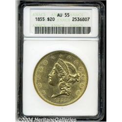 1855 $20 AU55 ANACS. Substantial bright luster