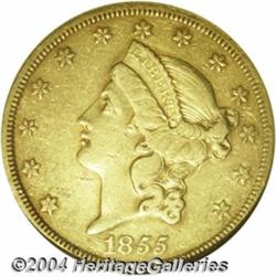 1855-O $20 XF40 NGC. Double Eagle production