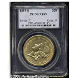 1855-S $20 XF45 PCGS. This bright survivor
