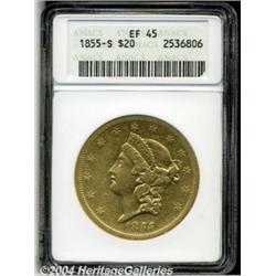 1855-S $20 XF45 ANACS. A lemon-tinged Twenty