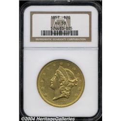 1857 $20 AU58 NGC. A bright, peach-gold piece