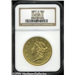 1857-S $20 XF45 NGC. Noticeably circulated