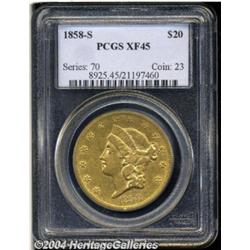 1858-S $20 XF45 PCGS. Luster illuminates the