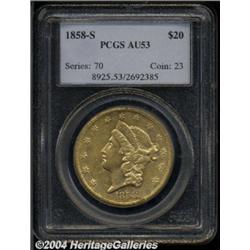 1858-S $20 AU53 PCGS. Abundant luster remains