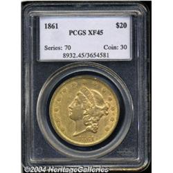 1861 $20 XF45 PCGS. Numerous small abrasions