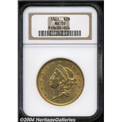 1861 $20 AU55 NGC. Bright and well struck with