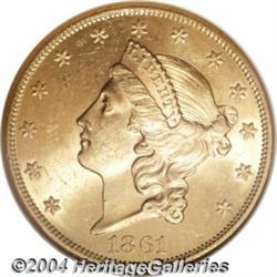 1861 $20 MS62 NGC. A perfect example to