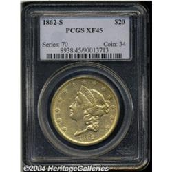 1862-S $20 XF45 PCGS. Luster consumes the
