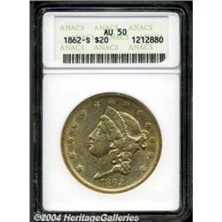 1862-S $20 AU50 ANACS. Lightly worn with