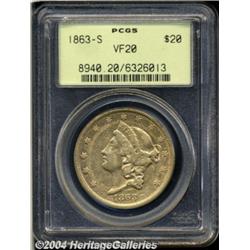 1863-S $20 VF20 PCGS. Extensively worn over
