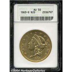 1863-S $20 AU50 ANACS. Light yellowish-gold