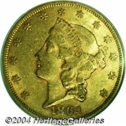 1864 $20 AU55 PCGS. Apricot coloration with