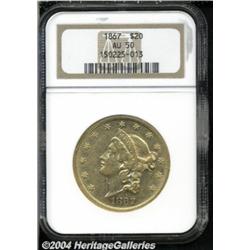 1867 $20 AU50 NGC. Attractive color and good